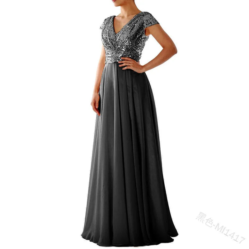 Elegant Sequins Chiffon Dress for Women V Neck Pleated Hem Female Sequins Chiffon Prom Cocktail Long Dress Wedding Evening Dress