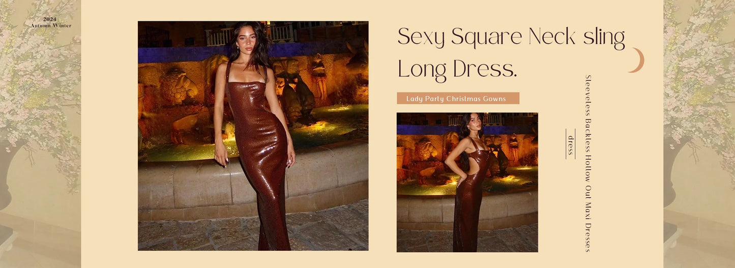 Sexy Square Neck Sling Long Dress Women Slim Sleeveless Backless Hollow Out Maxi Dresses 2025 Lady Party Christmas Gowns