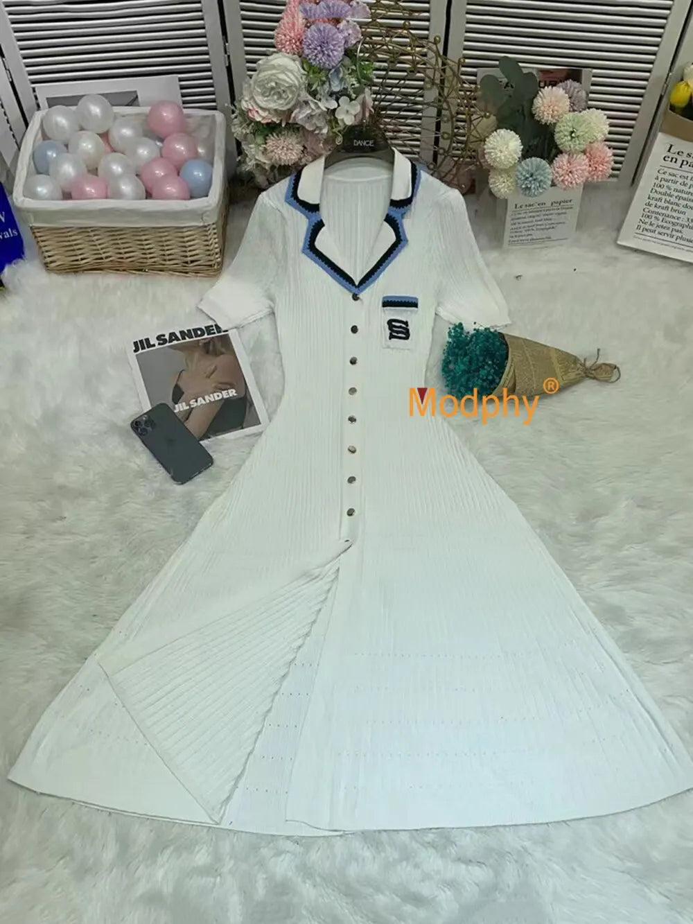 Modphy 2025 Elegant Slim Knitted Long Dress Women's Letter Single Breasted Long Sleeved Designer Vintage Dresses Autumn