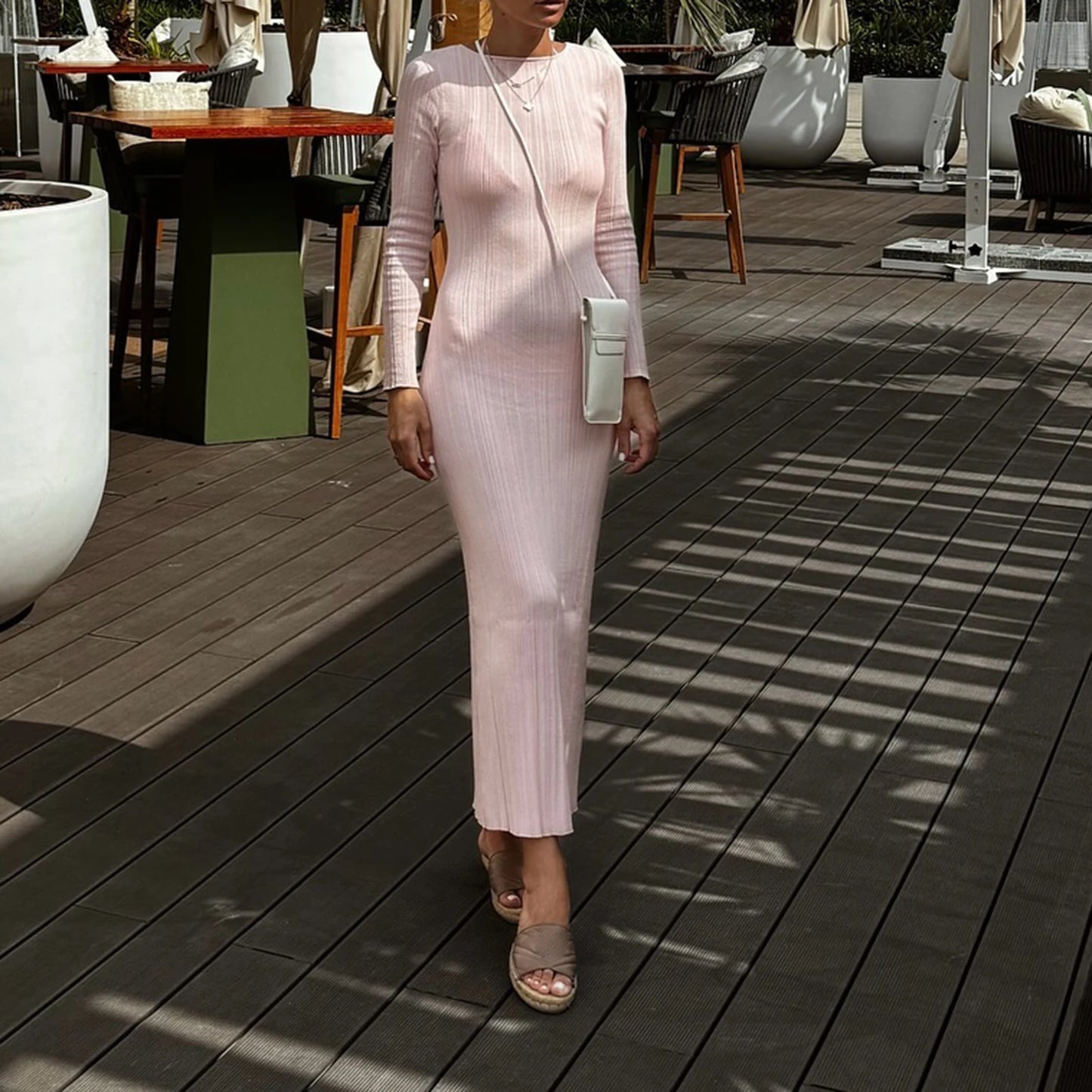 Women Spring Autumn Solid Color Bodycon Knit Dress Long Sleeve Crew Neck Ribbed Dress Slim Fit Long Dress