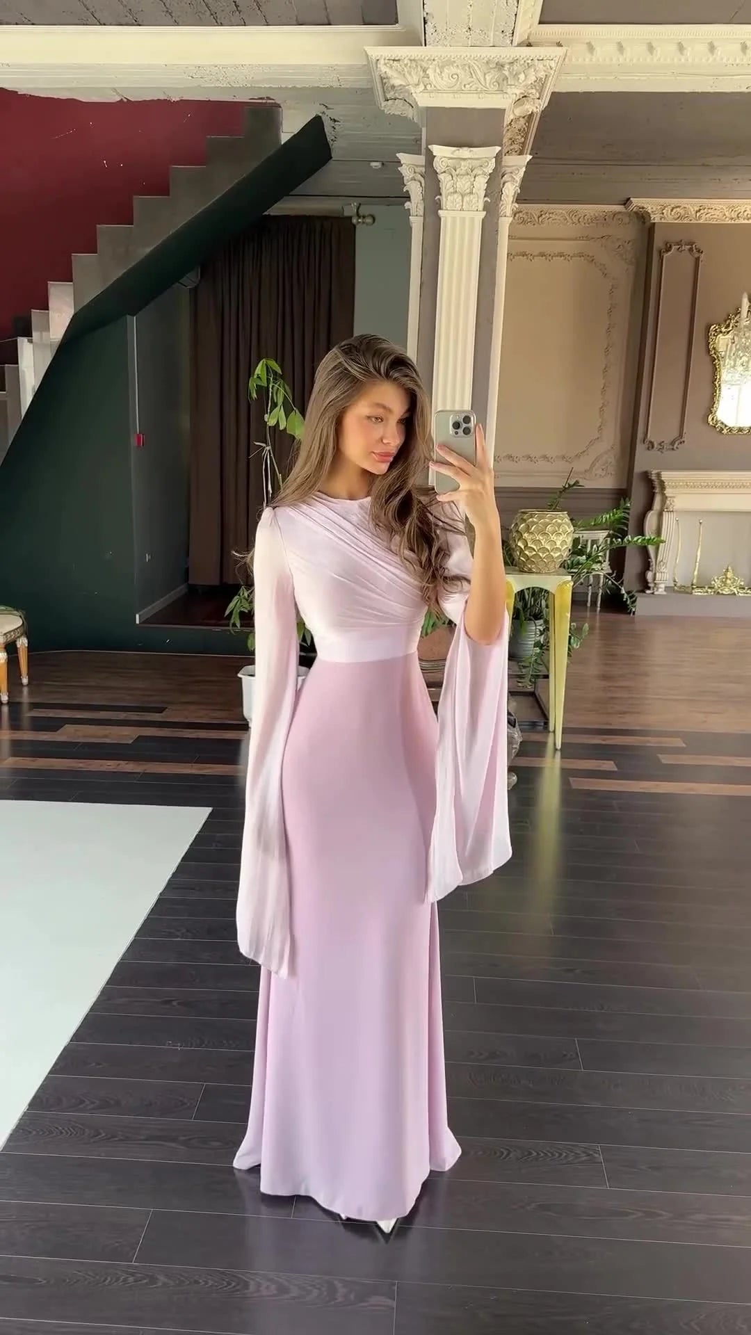 Fashion Satin Solid Robe Dress Women Elegant Batwing Sleeves High Waist Pleats Long Dress Stylish Glass Tulle Slim Evening Dress