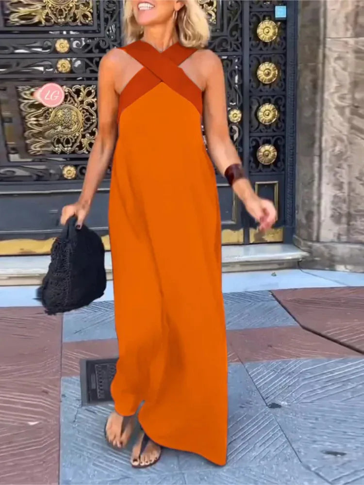 Summer Casual Loose Beach Dresses Fashion Off Shoulder Multi-color Holiday Dress 2025 New Women Halter Color Blocked Long Dress