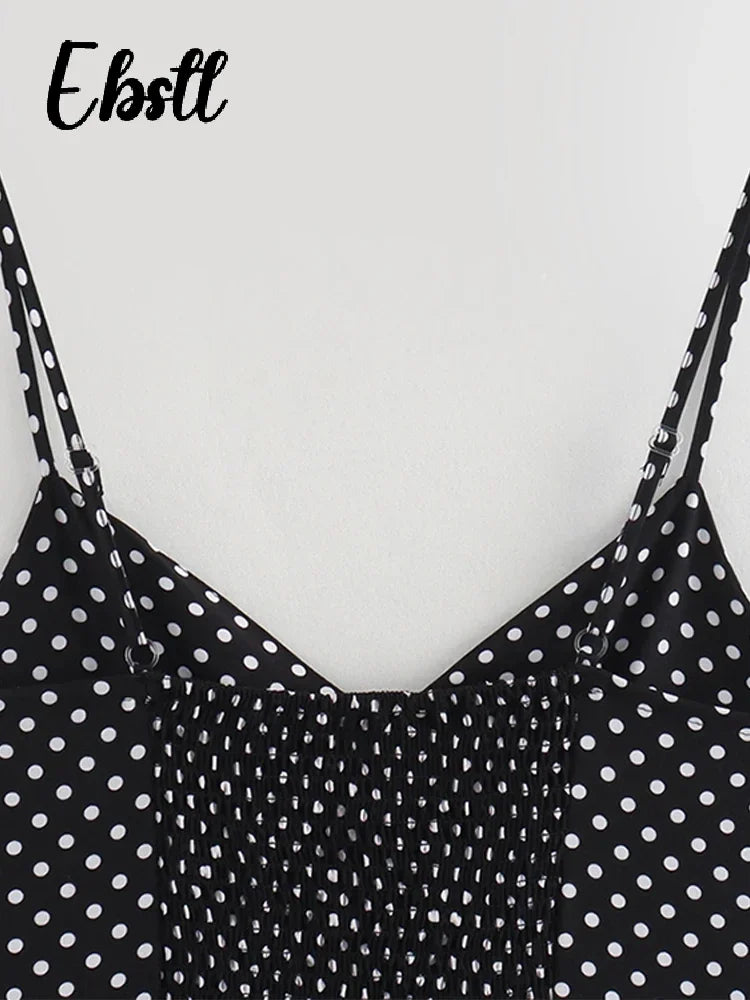 Dot Print Strapless Long Dress Women Retro V-neck Sleeveless Backless High Waist Dresses Female 2025 Spring New Lady Party Robes
