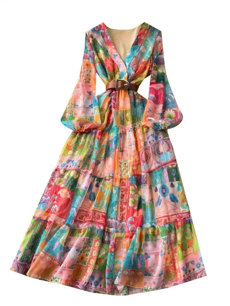 XFPV 2025 Spring New Fashion High-end V-neck Lantern Sleeves High Waist Print Swing Ruffle Edge Chiffon Long Dress Women SM11517