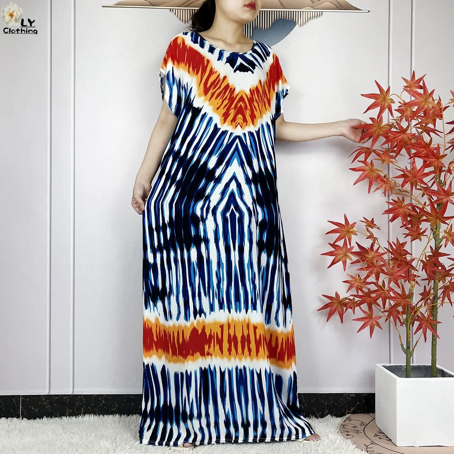 2024 New Style Short Sleeve African Dashiki Tie-dyed Cotton Abaya Caftan Lady Summer Maxi Islam Casual Dresses With Big Scarf