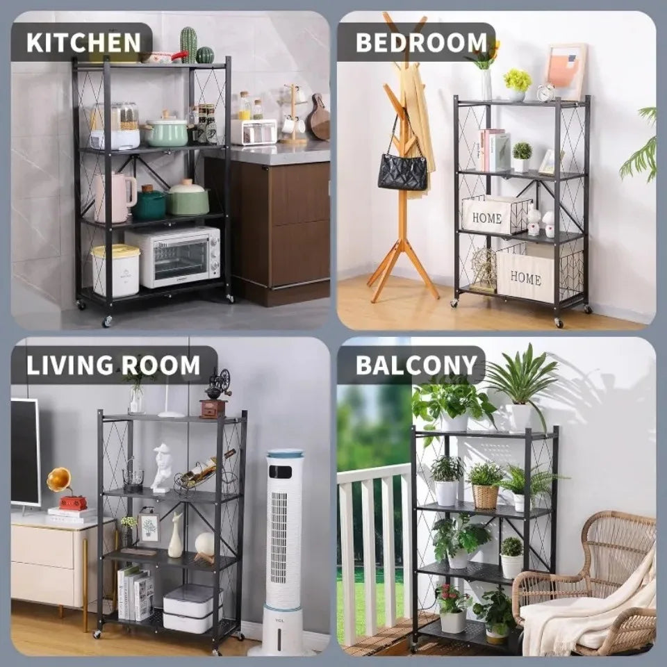 Foldable Metal Storage Rack Multifunctional Living Room Shelf Multilayer Installation Free Kitchen Organizer Trolley Bookshelf