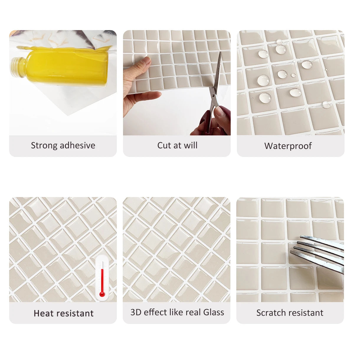 Vividtiles 10*10 Inc Light Grey Square Wall Tile Stickers Mosaic Vinyl 3d Effext Tiles DIY for Kitchen Bathroom Backsplash