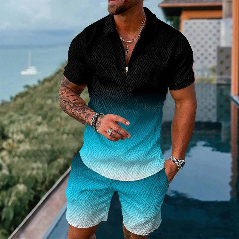 Solid Color Gradient Print Men's Sweatsuit Set Summer Casual Zipper Polo Shirt And Shorts 2pcs Sets Trend Man Pullover Clothing