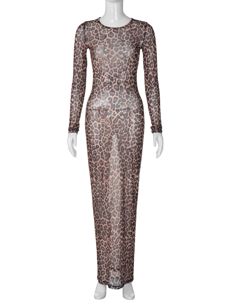Hawthaw Women 2025 Summer Autumn Long Sleeve Leopard Mesh Party Club Streetwear Bodycon Long Dress Wholesale Items For Business