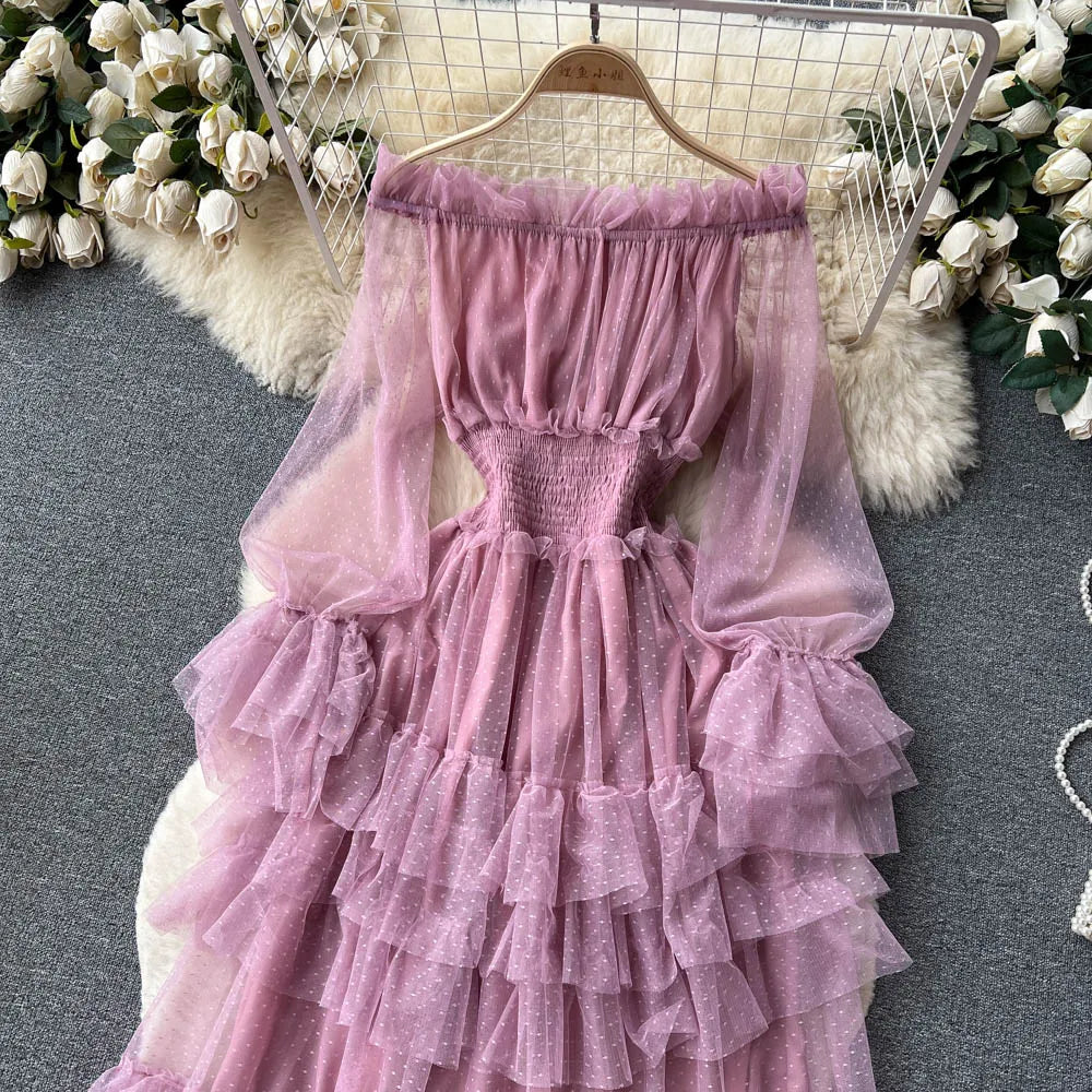 SINGREINY Mesh Party Long Dress Women Ruffle Long Sleeve Slash Neck Elastic Waist French Ladies Summer Elegant A Line Dresses
