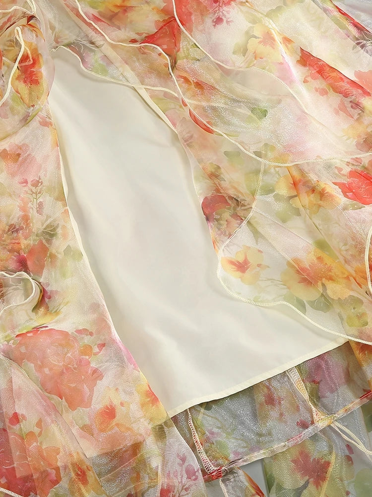 Summer Women Sleeveless Colorful Floral Printing Beach Long Dress Sexy Spaghetti Straps Backless Ruffles Split Dresses Holiday