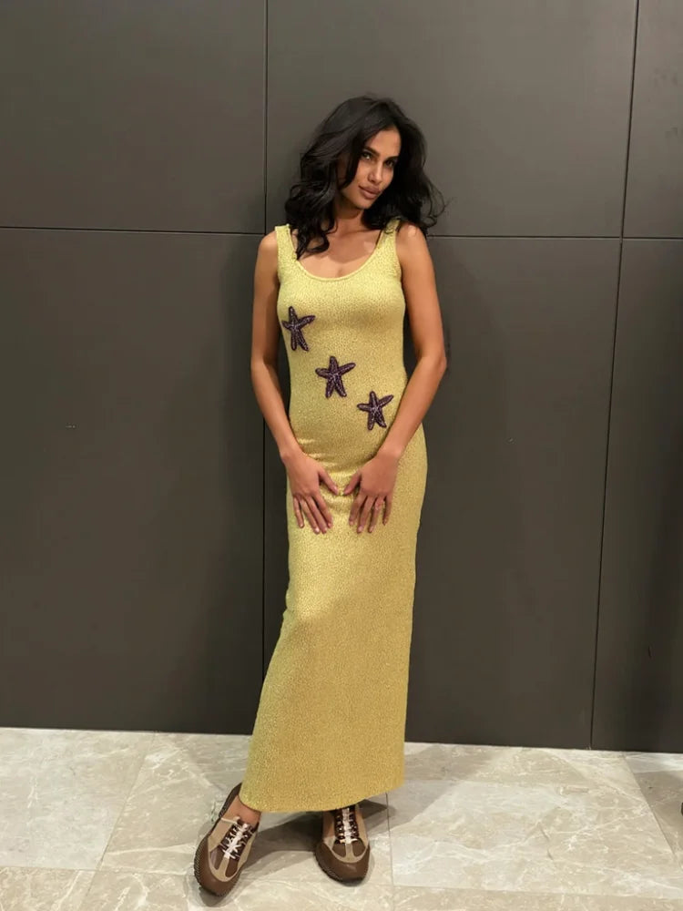 Star Pattern Knitted Sequins Long Dress Women Sleeveless O-neck Solid 2025 Summer Fashion Slim Dresses Vacation Party Vestidos
