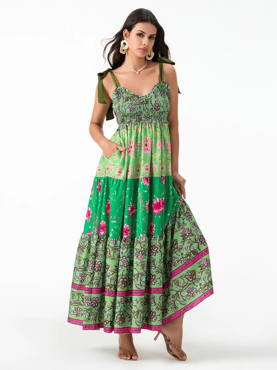 Combhasaki Women's Y2K Vintage Floral Print Ribbon Tie-Up Shoulder Straps Sleeveless V-Neck Summer Big Swing A-line Long Dress