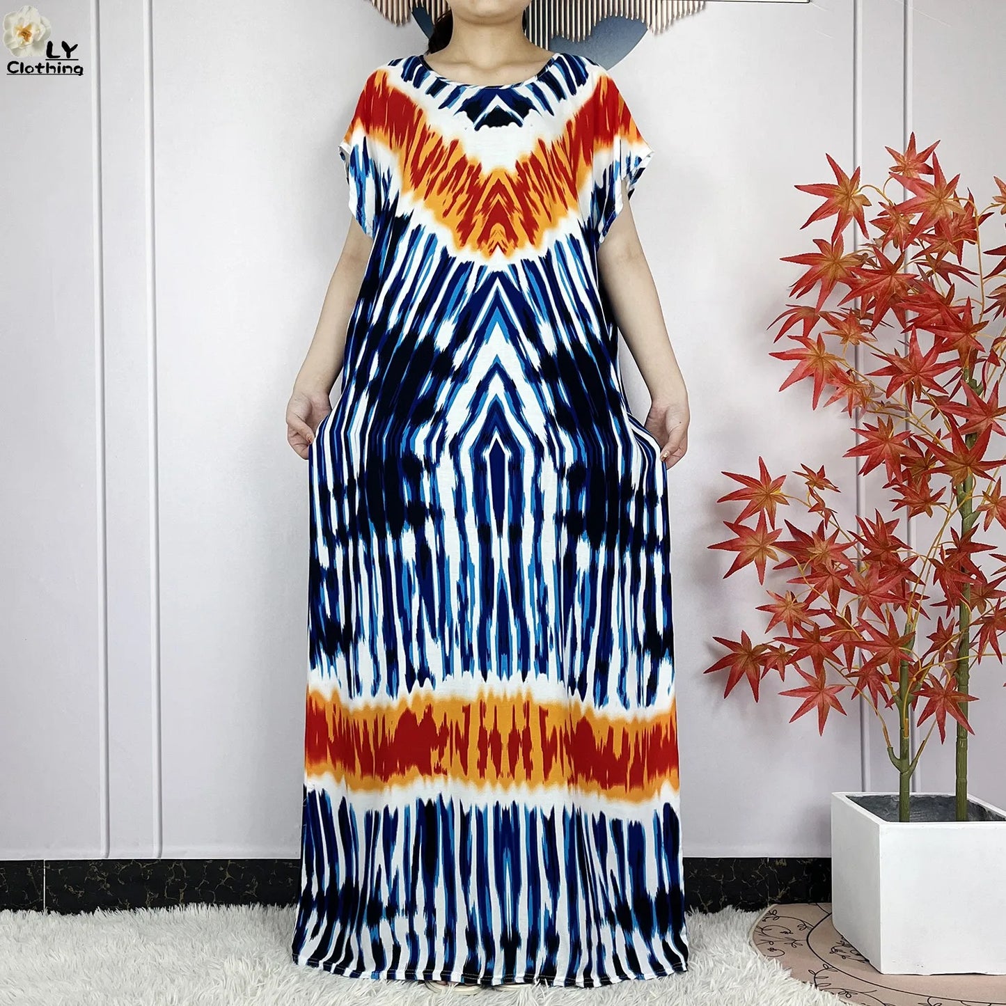 2024 New Style Short Sleeve African Dashiki Tie-dyed Cotton Abaya Caftan Lady Summer Maxi Islam Casual Dresses With Big Scarf