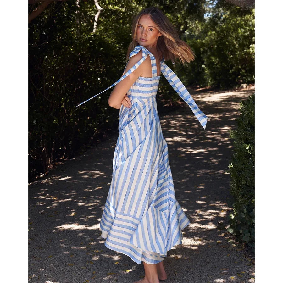 2024 Summer New Stripe Print Spaghetti Strap Dresses For Women Fashion Elegant Lady Bowknot Shoulder Strap Long Dress Vestidos