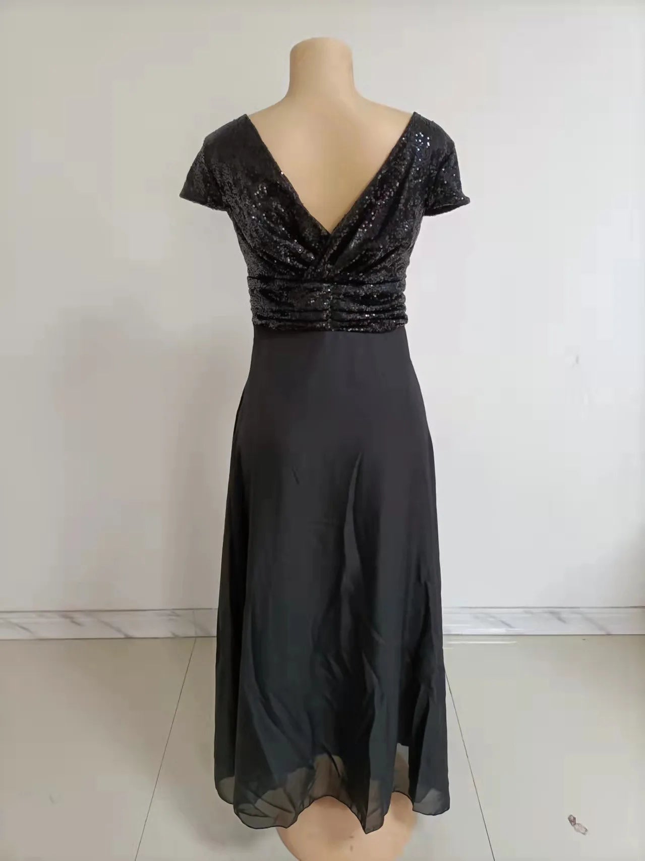 Elegant Sequins Chiffon Dress for Women V Neck Pleated Hem Female Sequins Chiffon Prom Cocktail Long Dress Wedding Evening Dress
