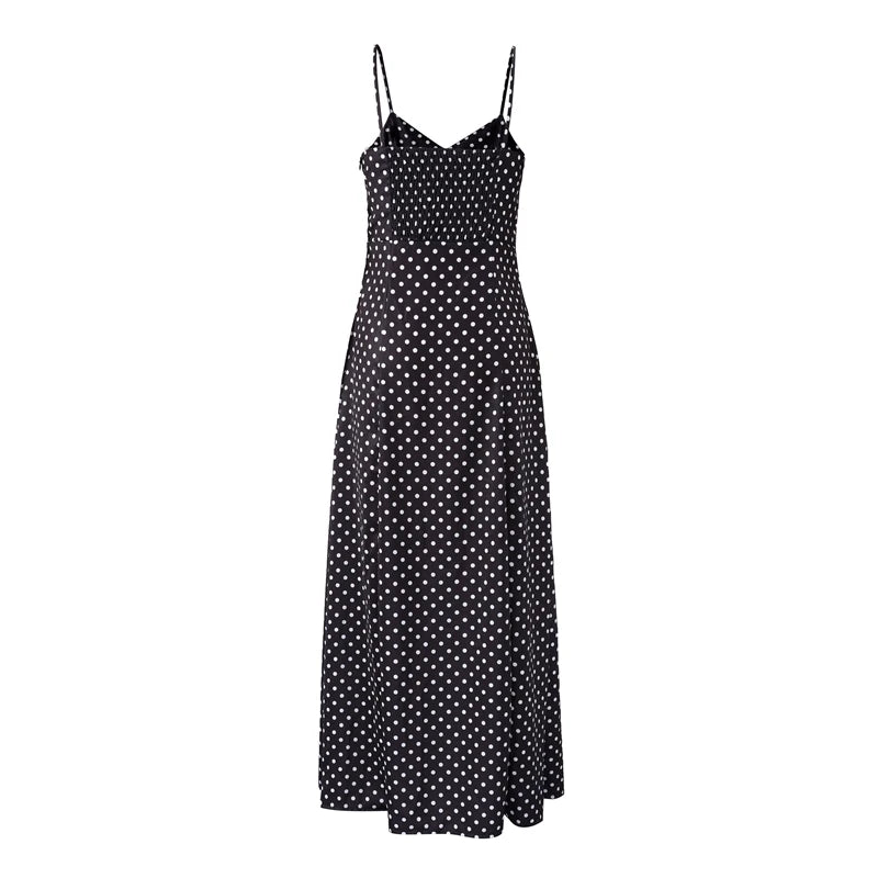Dot Print Strapless Long Dress Women Retro V-neck Sleeveless Backless High Waist Dresses Female 2025 Spring New Lady Party Robes
