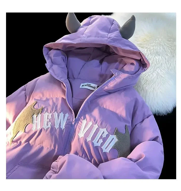 Winter New Cotton Jacket Devil Wing Embroidery Bread Jackets Men's Women's Vintage Harajuku Casual Loose Hooded Cotton-padded