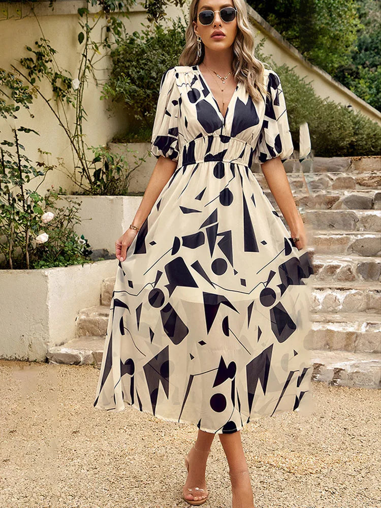2024 Elegant High Quality Design summer long Dress Waist Cinching V-neck Print Elastic Waist Maxi Dresses for Women Clothing