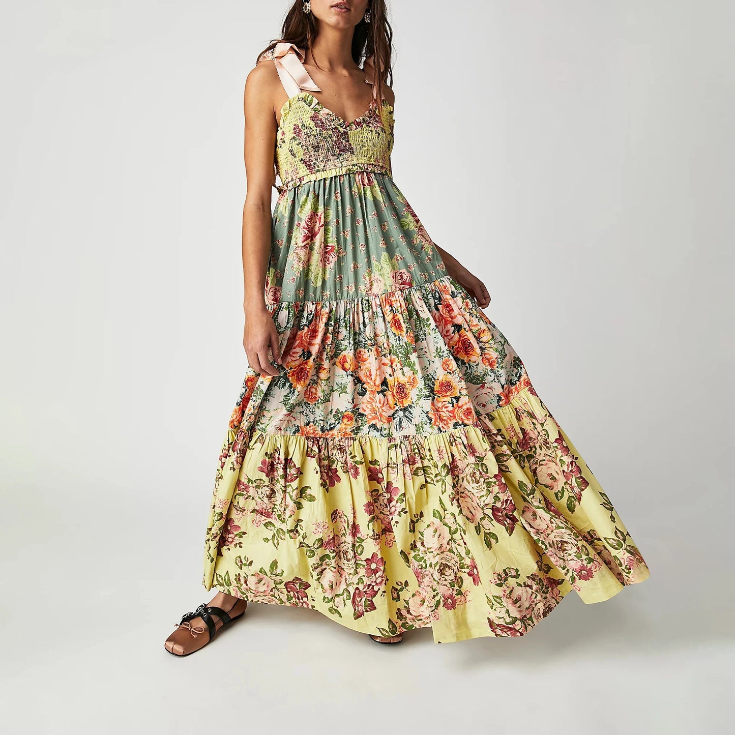 Combhasaki Women's Y2K Vintage Floral Print Ribbon Tie-Up Shoulder Straps Sleeveless V-Neck Summer Big Swing A-line Long Dress