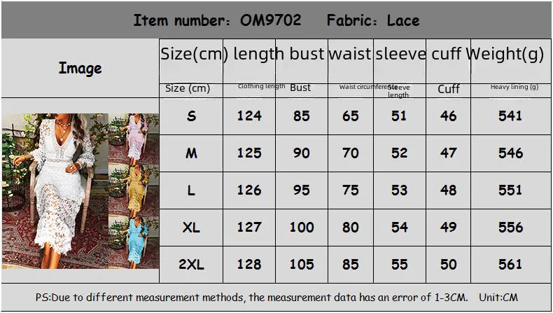 Sexy Autumn Lace Long Sleeve V-neck Big Show Long Dress Women Polyester Fabric High Waist Hollow Out Design Summer Style
