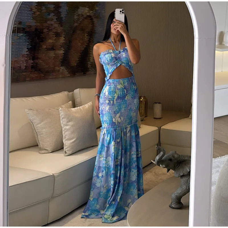 Printed Strap Pleated Long Dress Women Backless Off Shoulder Patchwork Ruffle Summer 2025 Dresses Party Vacation Chic Sexy Robe