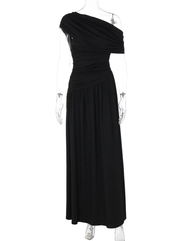 Mozision Incline Shoulder Backless Sexy Maxi Dress Women Summer New Fashion Sleeveless Pleated Ruched Club Party Long Dress