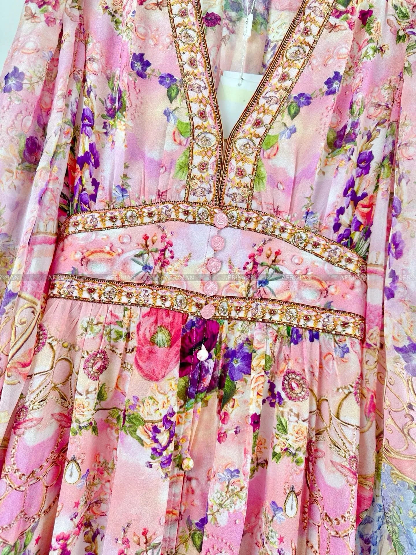 Women V Neck Crystal Beaded Pink Flower Print 3D Flower Embroidery Long Sleeve Silk Long Dress