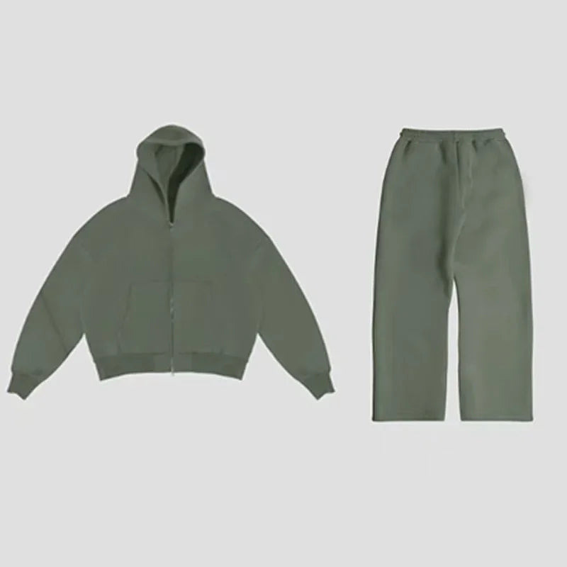 Korean Fashion Solid Color Sweatshirt Fleece Two-Piece Men's Y2K New Harajuku Casual Joker Straight Pants Couple Street Wear