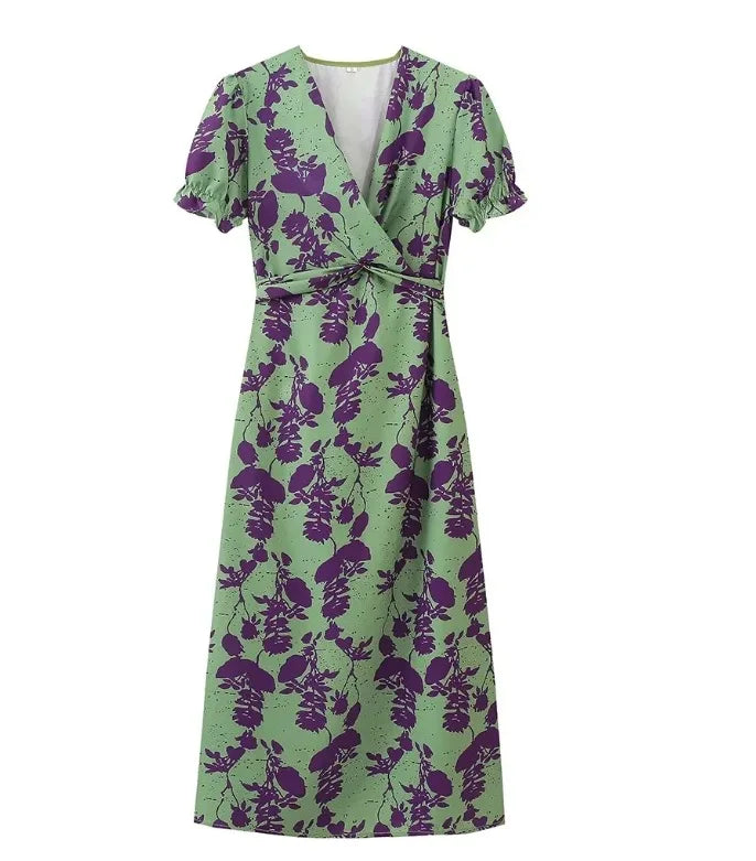 Summer Short Sleeve Print Long Dress Women Elegant Party Sexy Slim V Neck Green Dresses Elegantes Street Evening Vestidos