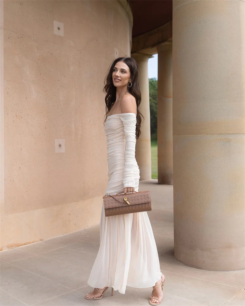 Mozision Off-shoulder Strapless Sexy Maxi Dress Women Summer New Patchwork Backless Long Sleeve Pleated Long Dress Elegant