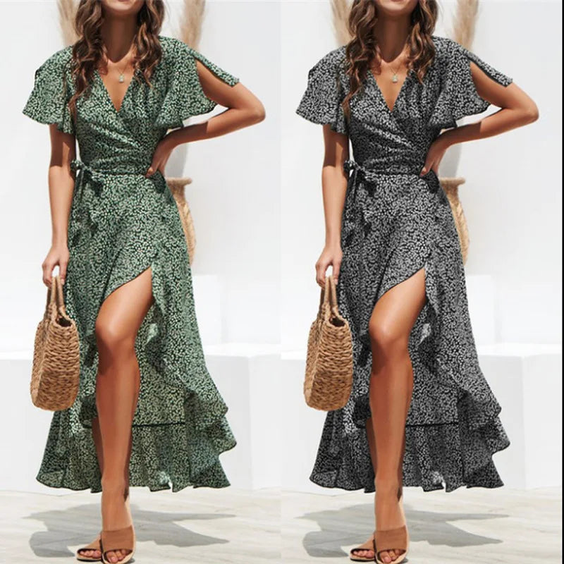 Women Summer Dresses Bohemian Sexy V-Neck Irregular High Waist Lace-up Chiffon Print Dress Casual Beach Long Dress