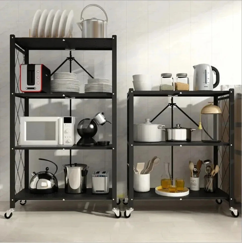 Foldable Metal Storage Rack Multifunctional Living Room Shelf Multilayer Installation Free Kitchen Organizer Trolley Bookshelf