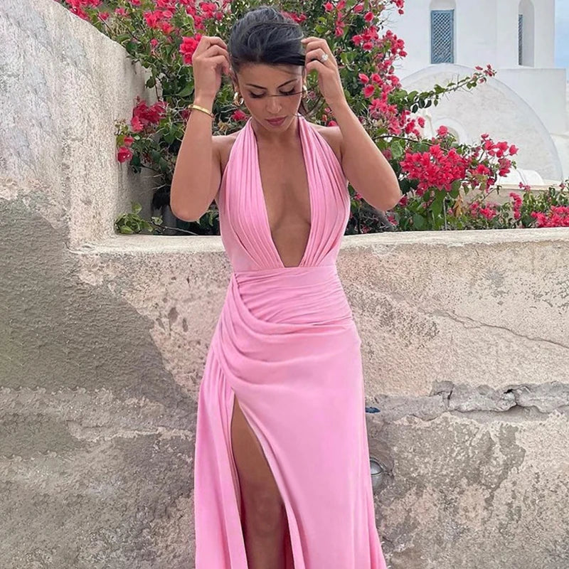 Torova Halter Bandage Slit Long Dress For Women U Neck Sexy Backless Maxi Dress Slim Beach Party Ruched Dress Female Elegant