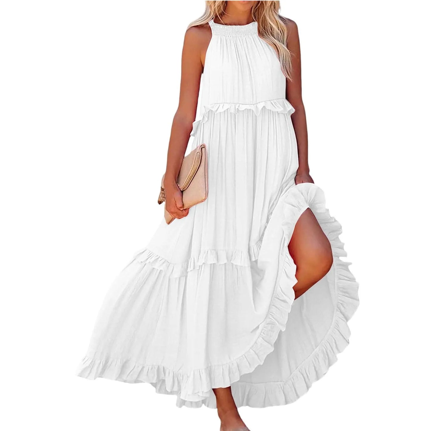 Women's Ruffled hem layered long dresses Summer Sleeveless backless dress Fashion Long Dress Big Swing Beach Dress vestidos