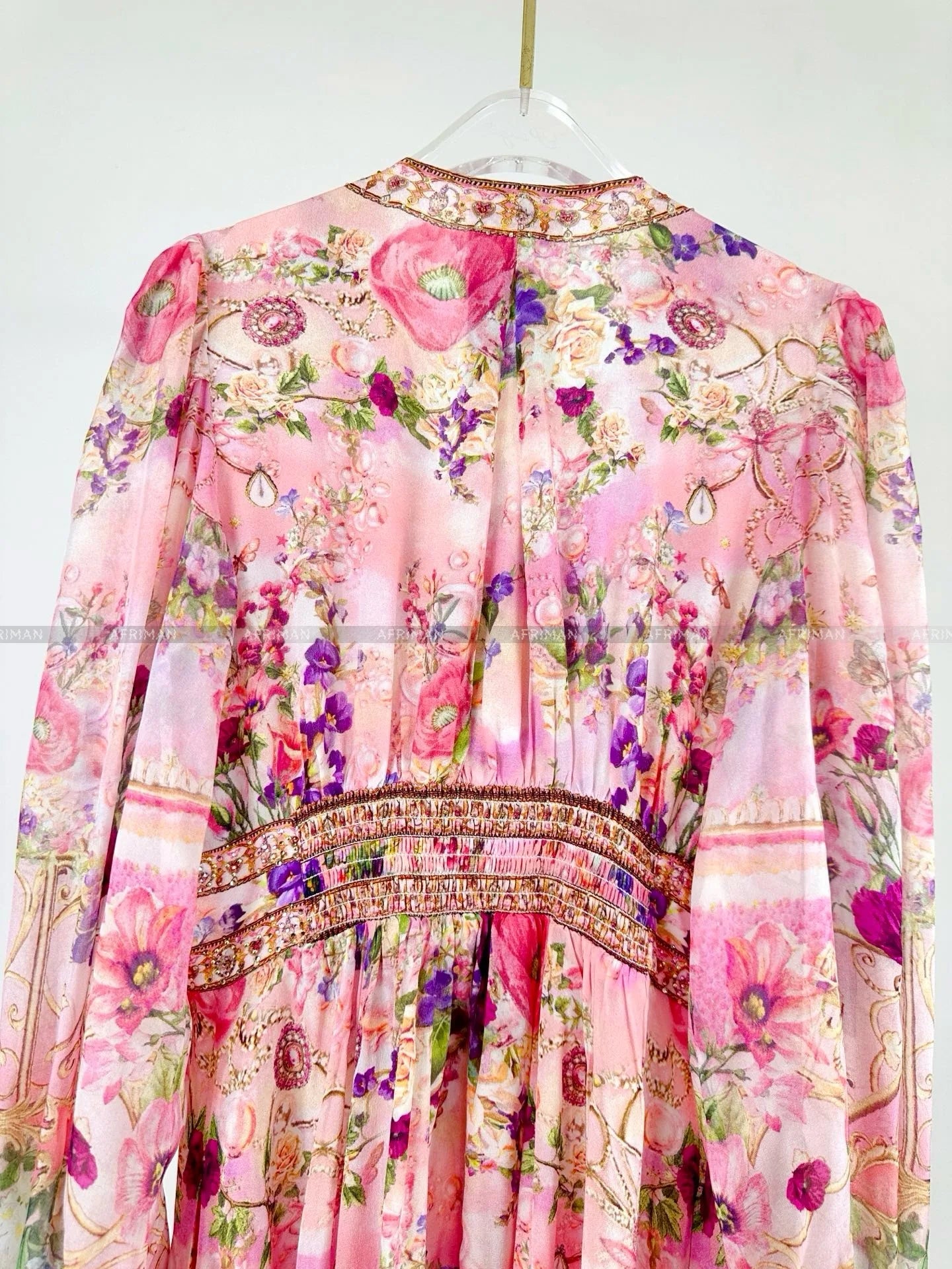 Women V Neck Crystal Beaded Pink Flower Print 3D Flower Embroidery Long Sleeve Silk Long Dress