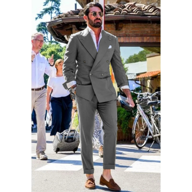 Men's Suit Two-piece Solid Color Double Breasted Fashion Spike Lapel Slim Fit Cropped Pants Casual Business Party Suits 2023