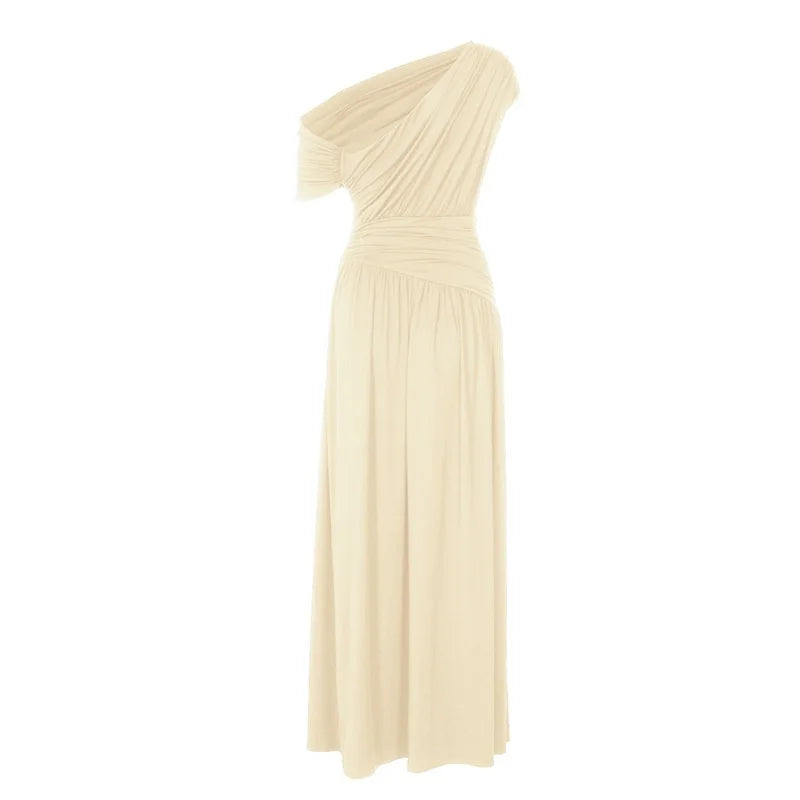 Mozision Incline Shoulder Backless Sexy Maxi Dress Women Summer New Fashion Sleeveless Pleated Ruched Club Party Long Dress