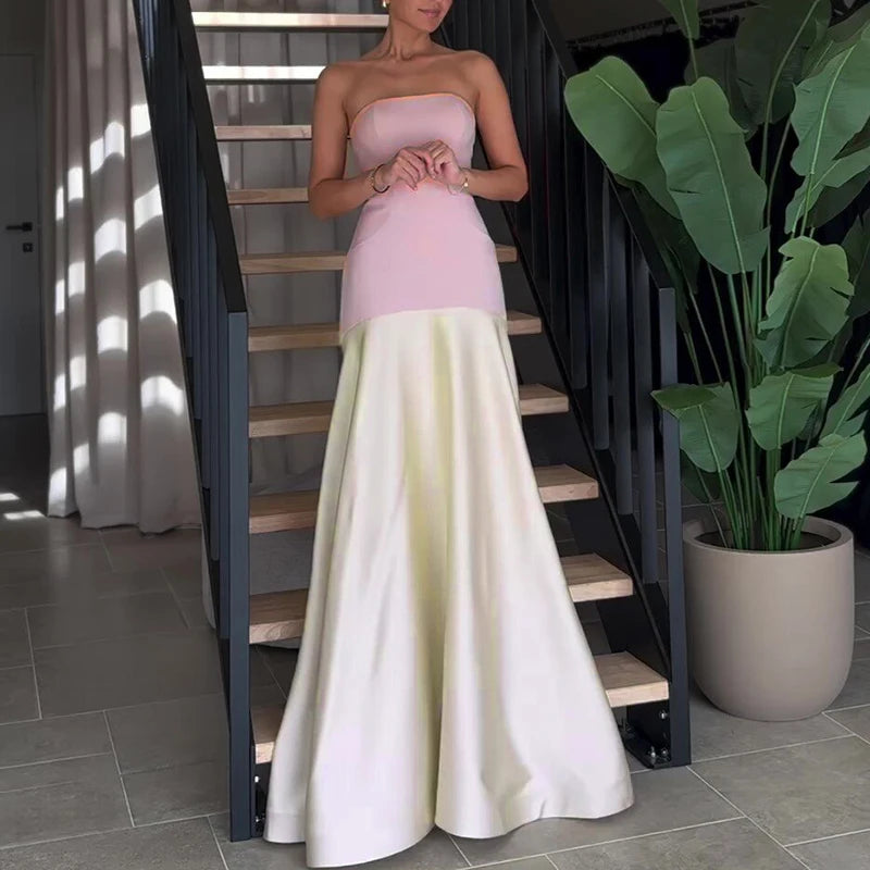 Women Sexy Off Shoulder Bustier Bodycon Dress Summer Casual Sleeveelss Solid Long Dress 2024 Elegant Patchwork Waist Party Dress