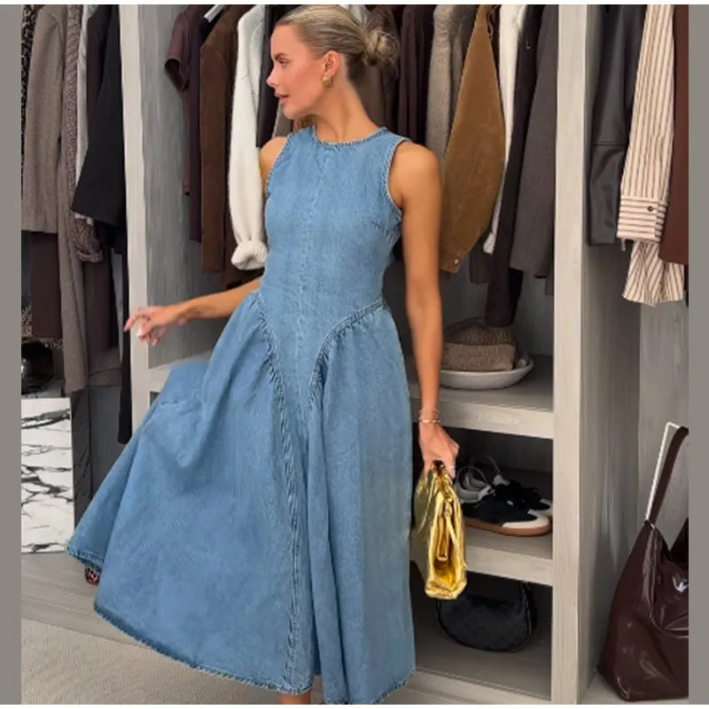 Women Blue Denim Pleated High Waist A-line Long Dress Sexy Backless Sleeveless Lace-up Vestidos Elegant Street Party Dresses