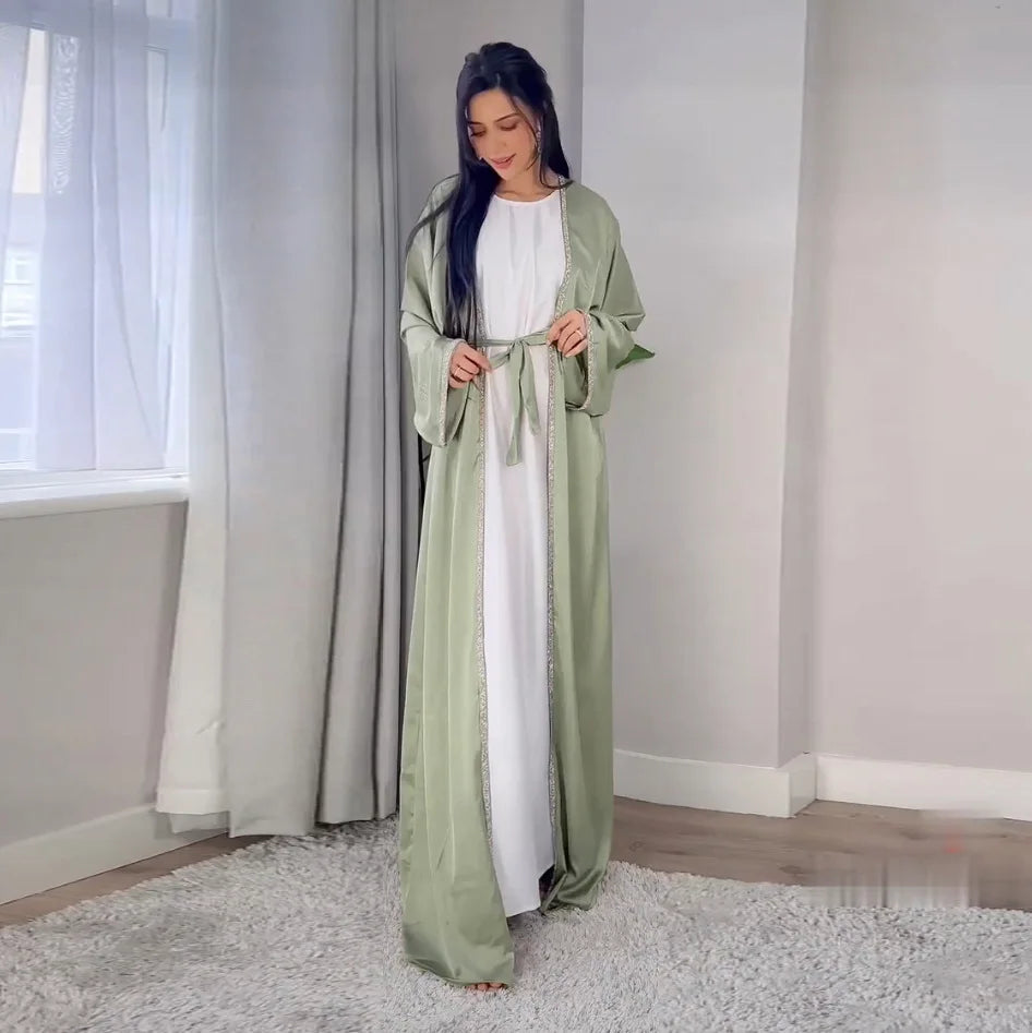 2024 Muslim Dress Diamond Women's Long Dress Fashion Long Sleeve Lace-up Long Abayas Casual Solid Color Clothes for Muslim Women