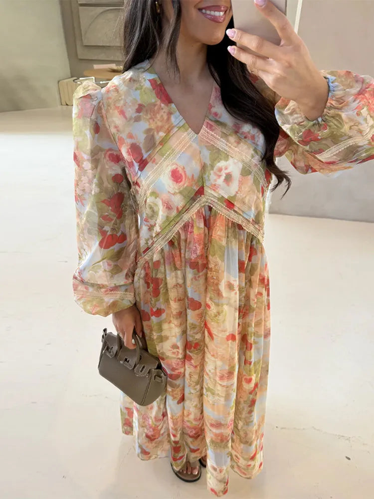 Fashion Print V-neck Women's Maxi Dresses Elegant Pleated Long Sleeve Loose Long Dress Female Summer Chic Casual Holiday Party