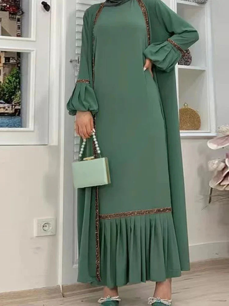 Muslim Women Hijab Dress 2 Piece Set Eid Lantern Sleeve Maxi Long Dress Islamic Clothing Caftan Kimono Big Swing Abaya Dresses