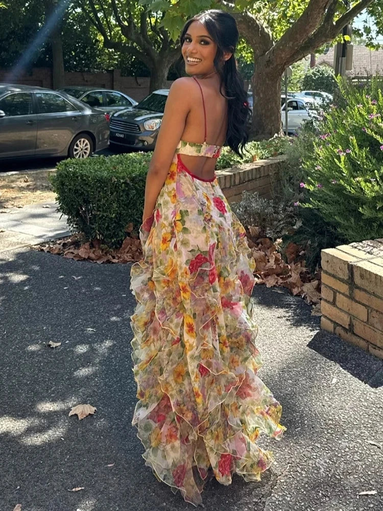 Summer Women Sleeveless Colorful Floral Printing Beach Long Dress Sexy Spaghetti Straps Backless Ruffles Split Dresses Holiday