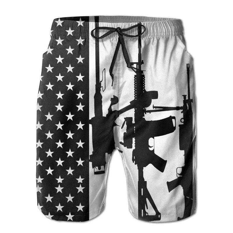 American Flag Gun Weapons Hawaii 3D Printing Hip Hop Board Shorts Summer Swimsuit Surf Swim Trunks Big Size Swimwear Men Beach