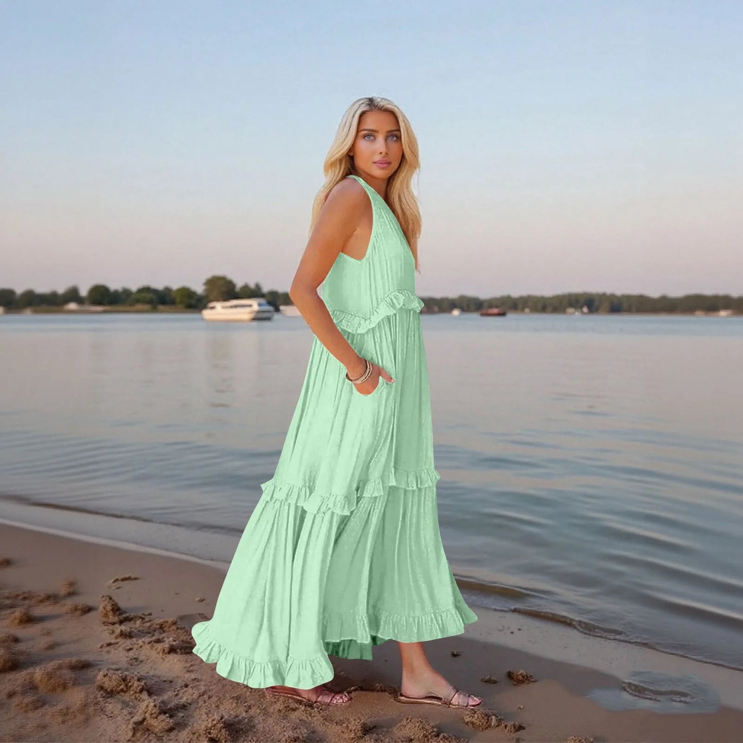 Women's Ruffled hem layered long dresses Summer Sleeveless backless dress Fashion Long Dress Big Swing Beach Dress vestidos