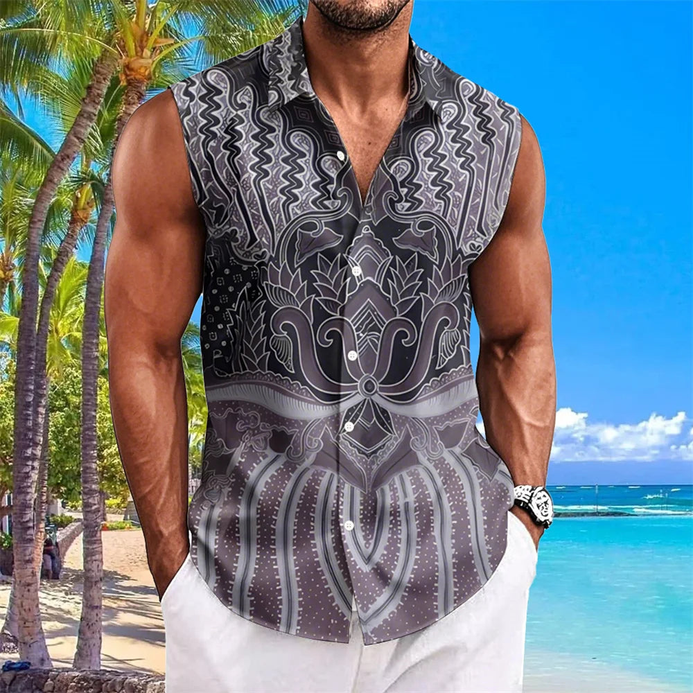 Ethnic Style Men's Shirts Cashew Flower Print Sleeveless Lapel Tops Hawaiian Shirt For Men Casual Vintage Oversized Men Clothing