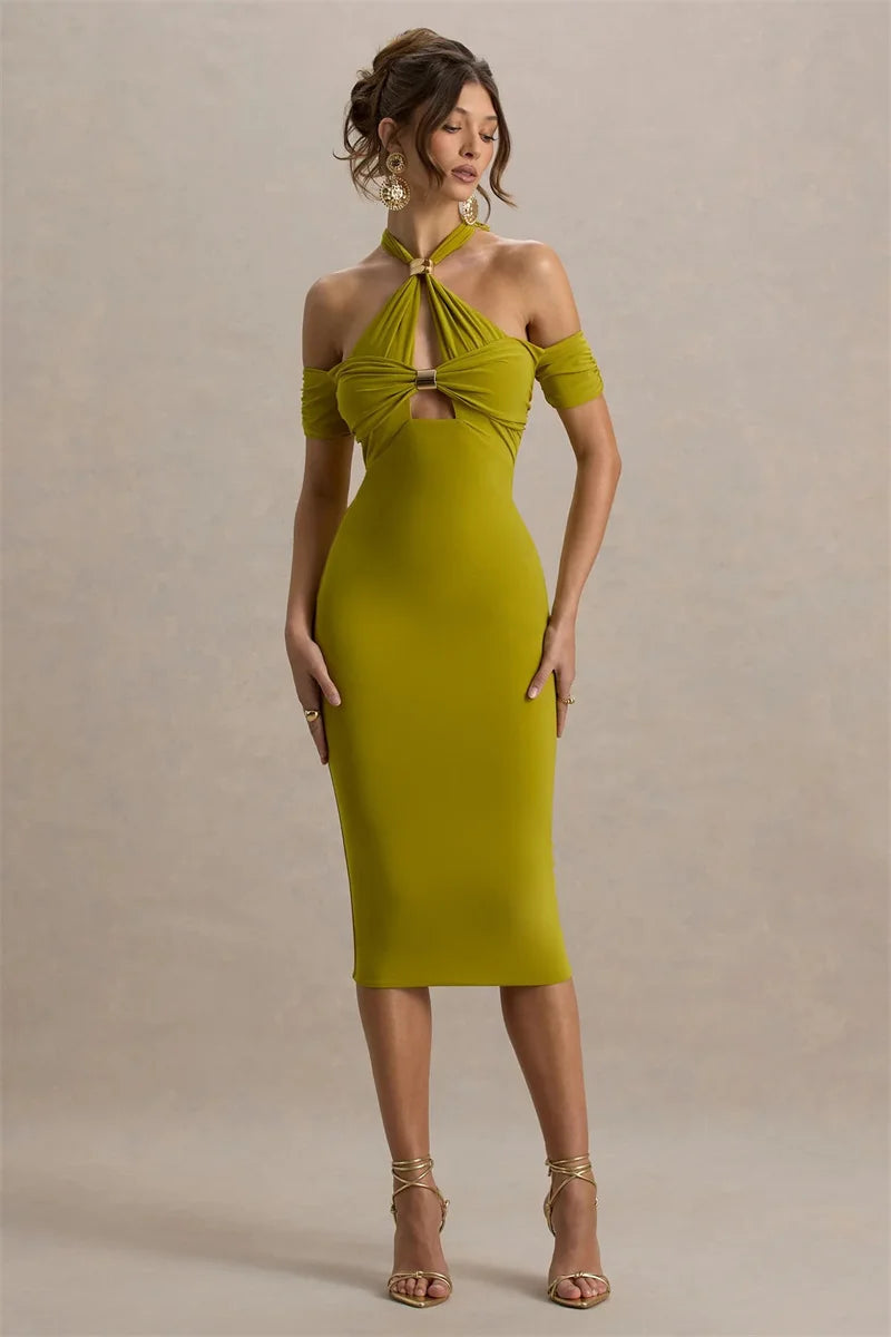 Mozision Hollow Out Halter Backless Sexy Midi Dress Women Fashion Off-shoulder Sleeveless Skinny Club Party Long Dress Elegant