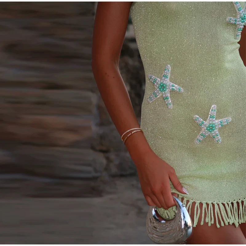 Star Pattern Knitted Sequins Long Dress Women Sleeveless O-neck Solid 2025 Summer Fashion Slim Dresses Vacation Party Vestidos