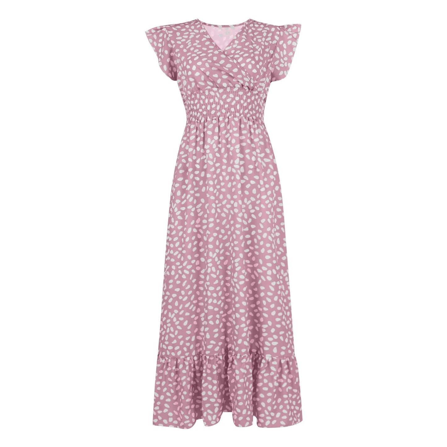 Polka Dot Dress For Women Sexy V-Neck Long Dress Casual And Fashionable Ruffle Edge Short Sleeved High Waisted Dress